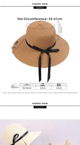Size chart for wide brim straw sun hat with measurements for head circumference and brim