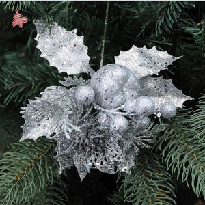 Silver glitter holly leaves and berry picks for festive Christmas tree decoration