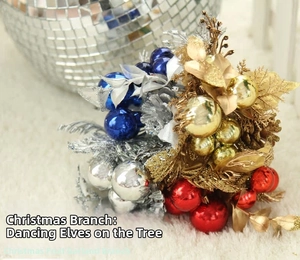 Close-up of metallic Christmas berry branch with glitter leaves on white faux fur carpet