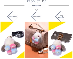 Detail of colorful mink fur bunny pendant with metal lobster clasp on handbags
