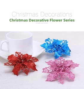 Detailed view of hollow glittered artificial Christmas flowers in red, blue and pink colors