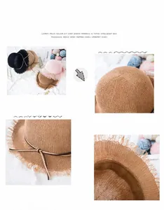 Close-up of handmade straw hats with delicate bow decoration and raw fringe edges detail