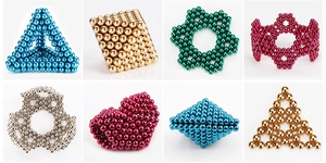 DIY geometric shapes created with colorful 5mm magnetic balls in various 3D patterns