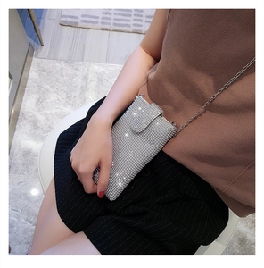 Silver rhinestone crossbody phone bag with metal chain strap shown on a model