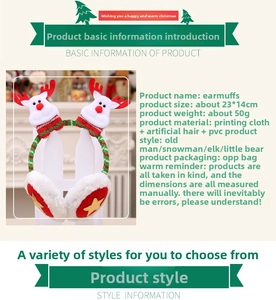 Detailed view of plush red reindeer earmuffs with sizing specs for Christmas costume