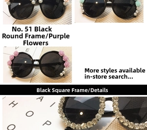 Detail of round sunglasses with purple rose and pearl floral frame decorations