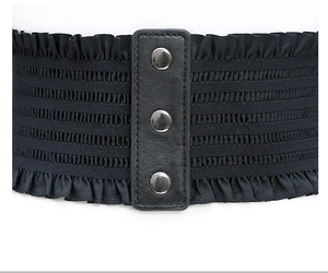 Black wide elastic corset belt with ruffles and front snap button leather panel detail.