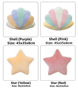 Detailed view of plush shell and star cushions with size specifications in various colors