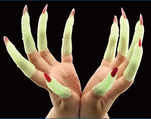 Close-up of ten glowing green zombie finger claws with red nails for Halloween costumes