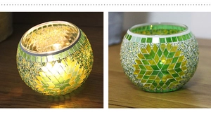 Detailed comparison of green mosaic glass candle holder in lit and unlit modes
