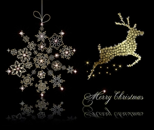 Detailed view of golden Christmas snowflake and reindeer decorations with Merry Christmas text