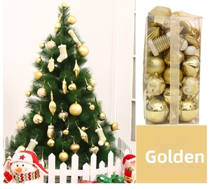 Golden Christmas tree ornament set featuring shiny and matte globes in a gift box