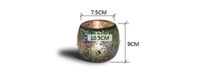 Detailed view of mosaic glass candle holder with 7.5cm opening and 9cm height dimensions