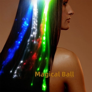 Close-up of colorful LED optical fiber hair clips glowing on long dark brown hair