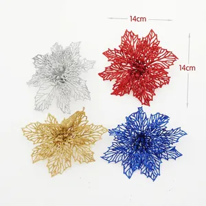 Set of 14cm hollow glitter Christmas poinsettia flowers in red gold blue and silver