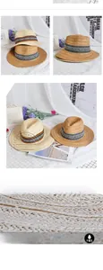 Detailed view of straw boater hats with ethnic geometric ribbons and breathable weave texture