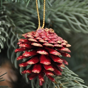 Dettaglio di una pigna rossa con bordi dorati appesa a un ramo di albero di Natale
