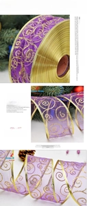 Detail of purple organza Christmas ribbon with gold glitter spirals and woven edges