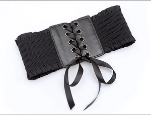 Women wide corset belt black lace-up waist cincher bow decorative skirt accessory