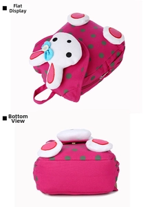 Detail of a bright magenta polka dot kids backpack with a plush white bunny and reinforced base