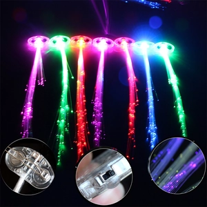 Macro details of LED fiber optic hair braids showing battery pack and colorful lights