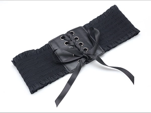 Black wide waist cincher belt with ruffles lace up ribbon bow detail fashion accessory