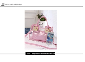 Pink transparent jelly beach bag size comparison with a smartphone on white background