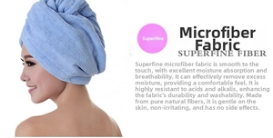 Close-up of highly absorbent light blue microfiber hair towel wrap on a model
