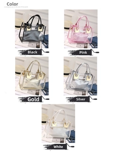 Macro detail of jelly transparent tote bag collection in five stylish colors with inner pouches