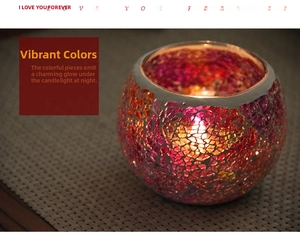 Macro detail of a mosaic glass candle holder with vibrant colored tiles glowing from inside