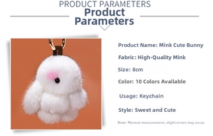 Detail view of premium mink fur rabbit pendant showing 8cm size and soft plush texture