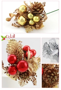 Detailed view of artificial Christmas picks with glittered berries and pine cones textures