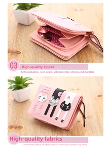 Detailed view of pink cat wallet showing smooth PU leather and metal zipper pocket