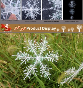 Macro view of 3D iridescent snowflake ornaments showing a 4-step assembly process