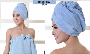 Microfiber sky blue hair drying cap and strapless bath towel wrap set with bow