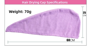 Detail of purple microfiber hair drying towel showing 60x25cm dimensions and 70g weight