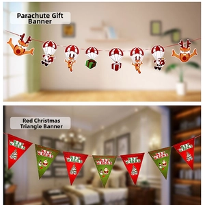 Close-up of Christmas bunting banners with Santa Claus, reindeer and festive triangle flags