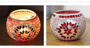 Macro detail of a red and gold mosaic glass candle holder with star patterns