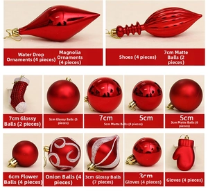 Detail grid of 50 red plastic Christmas balls in various shapes like boots and drops