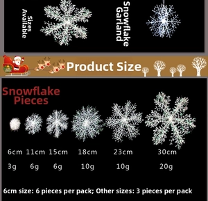Detailed size and weight chart for decorative Christmas snowflake ornaments of various sizes