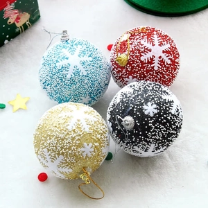 Close-up of snowflake foam Christmas balls with frosted snow texture and hanging loops