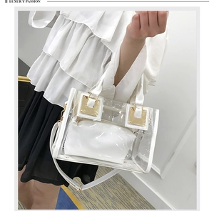Detail of transparent PVC jelly bag with white inner pouch and golden metal hardware