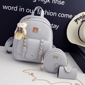 Dreiteiliges graues PU-Leder Rucksack-Set mit runder Kettentasche und Kartenhalter