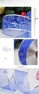 Blue sheer organza Christmas ribbon with silver glitter spiral texture and edge