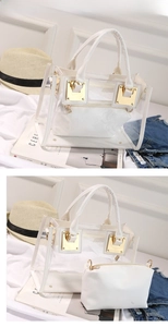 Detail of transparent jelly beach bag with white inner pouch and golden metal buckles