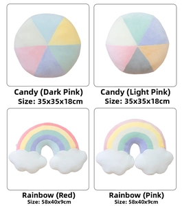 Size details of candy-shaped and rainbow-style plush cushions for sofa and bed decor
