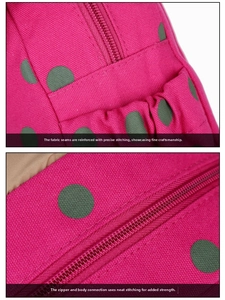 Close-up of pink canvas backpack showing precision stitching and green polka dot pattern