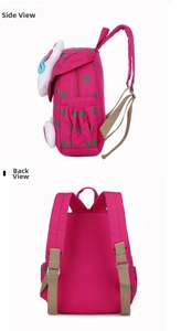 Detailed side and back view of rose red canvas kids backpack with polka dots and cat