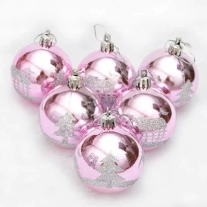 Pink 6cm Christmas ball set featuring silver glitter reindeer and cedar tree patterns