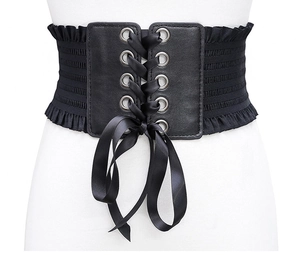 Women black wide elastic corset belt detail, lace-up front ribbon bow waist cincher dress